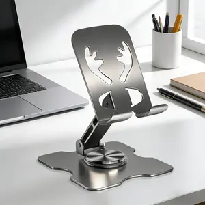 Universal Metal Cell Phone Stand, Multi-Angel Adjustable 360° Rotation Non-Slip Metal Phone Stand Compatible with iPhone 17 16 Pro Max and All Smartphones (Grey) Square base for greater stability Cellphone phone holder for car car phone mount