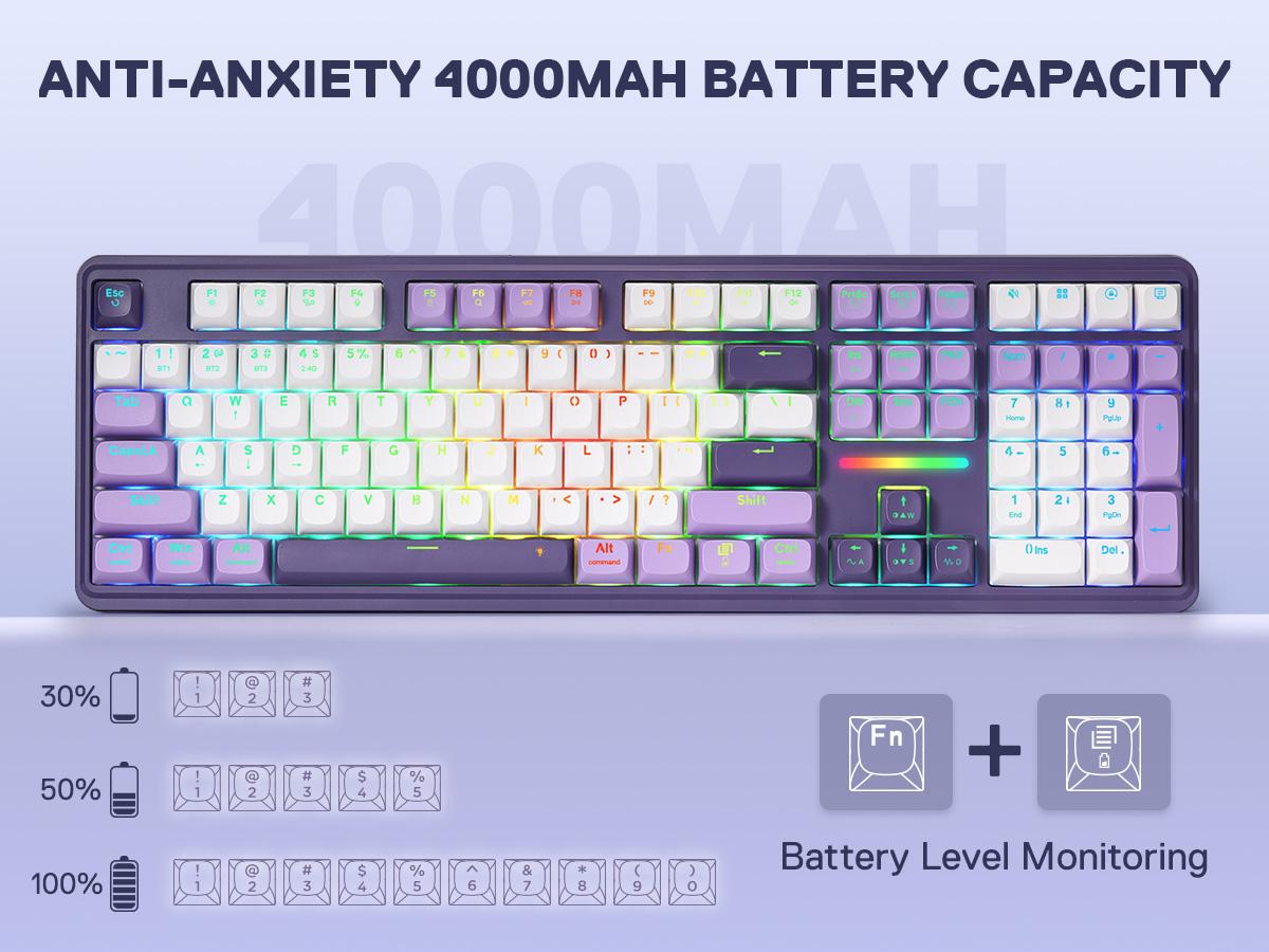 Redragon K745 PRO Wireless Gasket RGB Gaming Keyboard, 108 Keys Mechanical Keyboard w/Extra 4 Hotkeys, Hot-Swap South-Facing LED Socket, 5-Layer Noise Dampening, Round PBT Keycaps, Mint Mambo Switch,Charming Purple, Backlit Keyboard, Ergonomic Mechanical