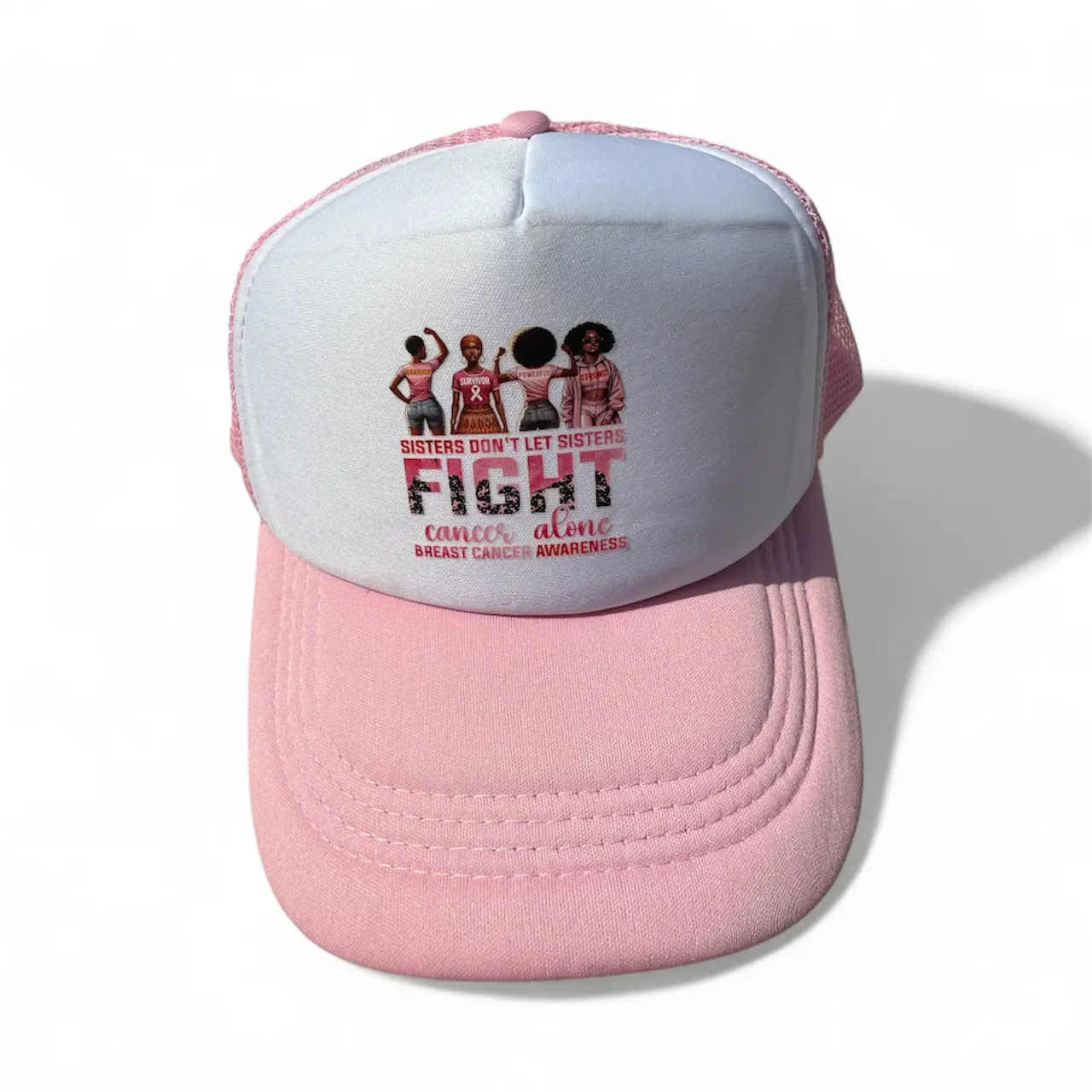 Sisters Don't Let Sisters Fight Alone Breast Cancer Awareness Trucker Hats Light Pink Only