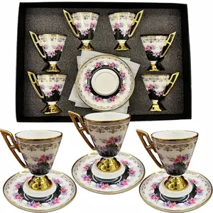 6set Elegant Ceramic Coffee Cup and Saucer Set, Floral Design, couple breakfast cups, Turkish coffee espresso latte cups, Teacup, Perfect for Breakfast, Tea Parties, Gifts, black  gold