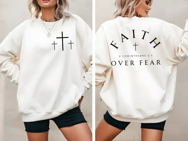 Faith over Fear Sweatshirt, Inspirational Quotes Shirt, Minimal Christian Cross Shirt, Bible Verse Shirt, Religious Sweater,Faith Sweatshirt