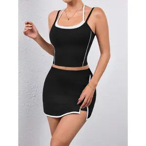 FENGBAY Women's Colorblock Contrast Binding Crop Top & 2 in 1 Skort Set, Casual Sporty Sleeveless Top & Skort for Daily Outdoor Wear, Ladies Sportswear for All Seasons two-piece set pant skinny