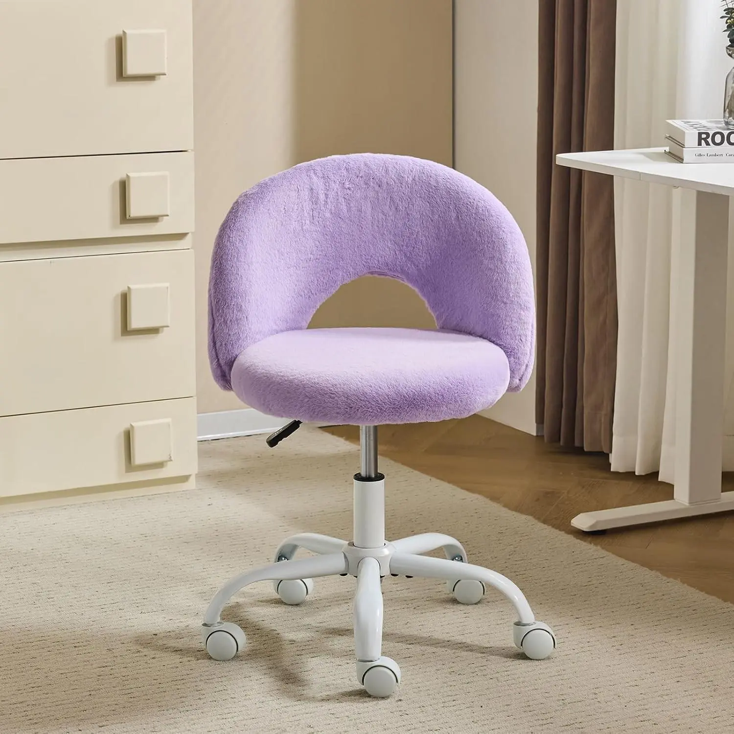 VINGLI Small Faux Fur-Wheeled Vanity Chair for Girls - Adjustable Height Armless 360° Swivel Comfortable Rotating Wheel-Based Desk Chair for Study, Makeup Room, Chairs, Rotating Desk Chairs
