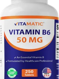Vitamatic Vitamin B6 (Pyridoxine HCI), 50 mg 250 Vegetarian Tablets - Promotes Energy Production, boosts Metabolism and Immune Health Support