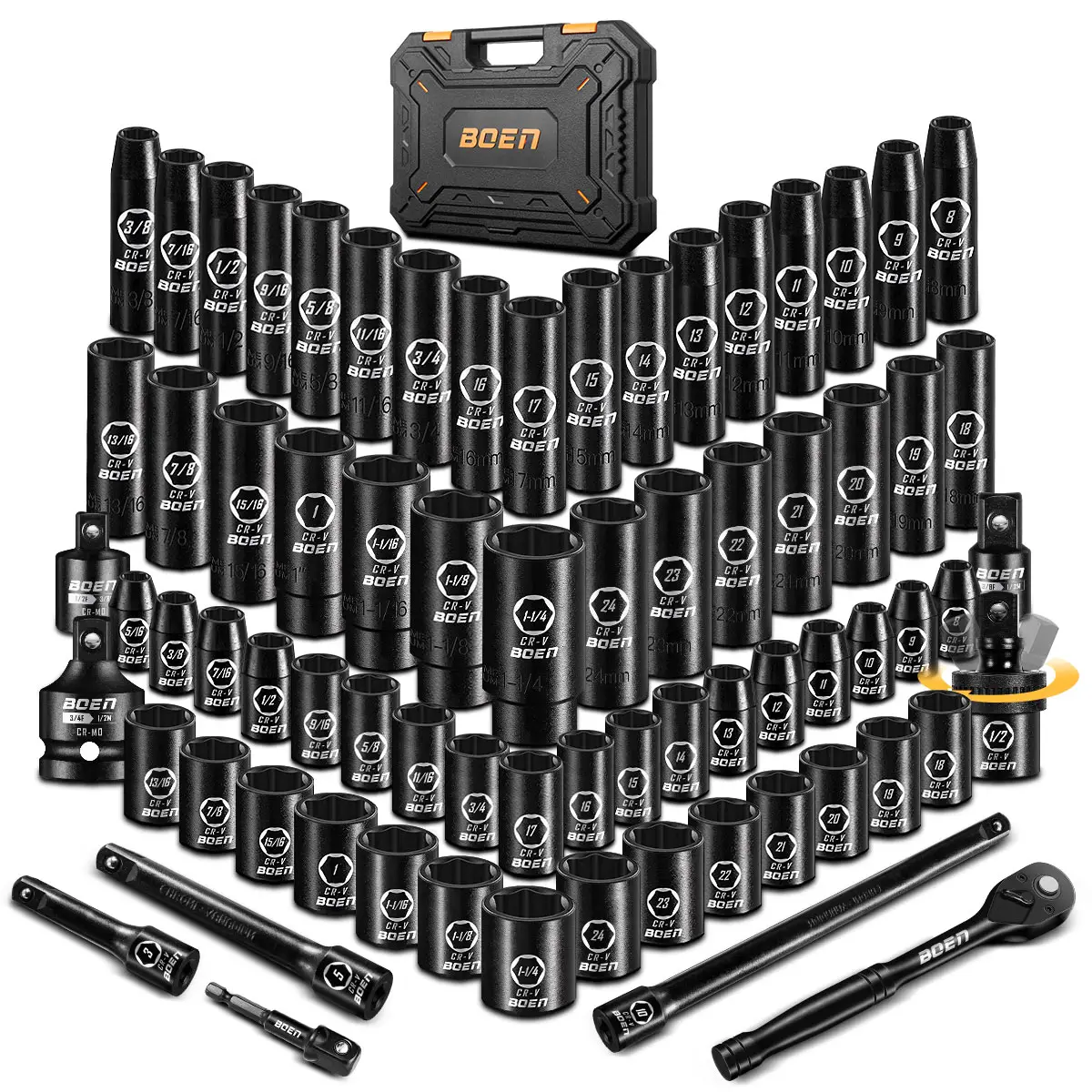 BOEN 72 PCS 1/2" Drive Impact Socket Set, SAE (5/16"-1-1/4") & Metric(8-24mm), Deep & Shallow, Cr-V Steel, hand tool, black phosphate finish, father g