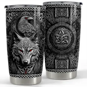 Viking Wolf 20oz Tumbler with Lid, Stainless Steel Vacuum Insulated Portable Travel Coffee Thermal Cup, Men Gift on Father's Day Christmas