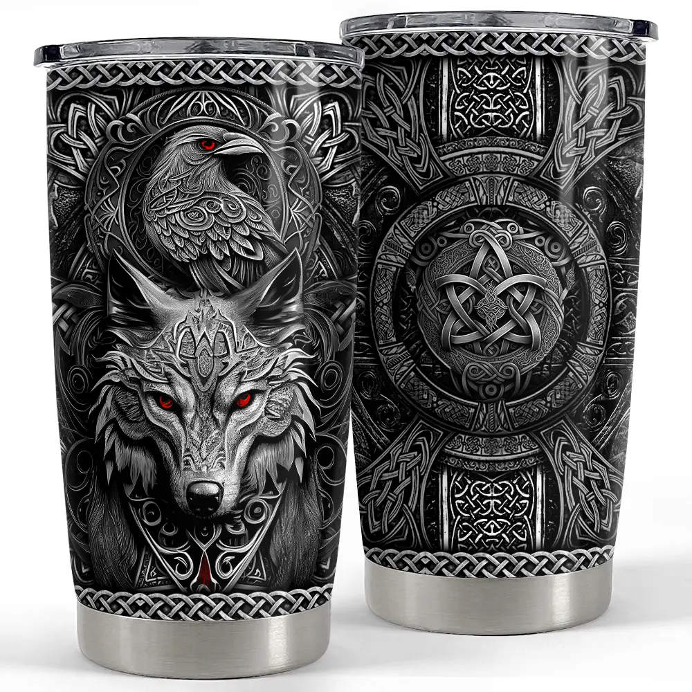 Sandjest Viking Wolf 20oz Tumbler with Lid, Stainless Steel Vacuum Insulated Portable Travel Coffee Thermal Cup, Men Gift on Father's Day Christmas