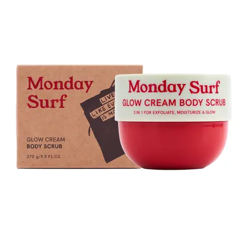 Monday Surf Glow Cream Body Scrub – Hydrating Nourishing Body Care Cleansing Exfoliant with Argan, Rice Bran, Camellia Oils & Glycolic Acid – Vegan, Microplastic-Free, Vanilla Scents – 9.5 oz Alpha Hydroxy Acid Compound Scrub, Cleansing Exfoliant Body Scr