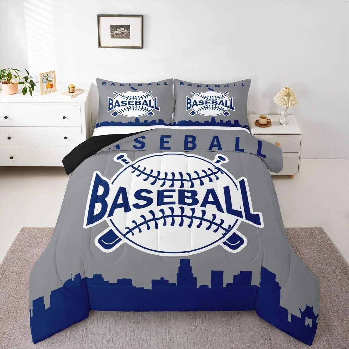 Baseball Boys Bedding Comforter Set,Baseball City Bedding Setsports Games Duvet Insert City Building Silhouette Down Comforter for Kids Teens Adult Bedroom,Navy Blue Grey