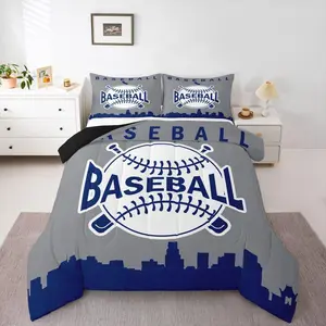 Baseball Boys Bedding Comforter Set,Baseball City Bedding Setsports Games Duvet Insert City Building Silhouette Down Comforter for Kids Teens Adult Bedroom,Navy Blue Grey
