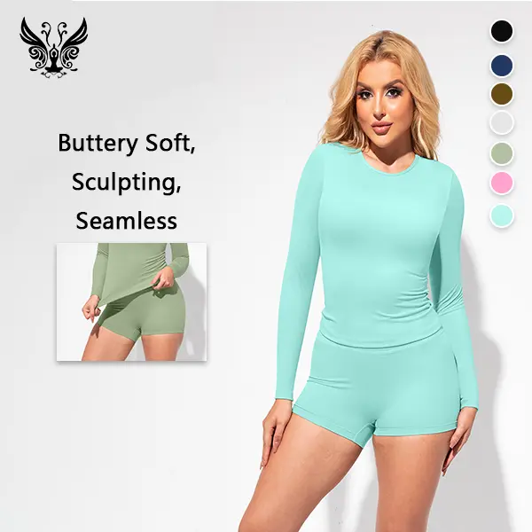 YIzhen Women's 2-Piece Workout Set, Buttery Soft Seamless Crew Neck Long Sleeve Top & High Waisted Shorts, Breathable Athletic Loungewear, Athletic Stretchable