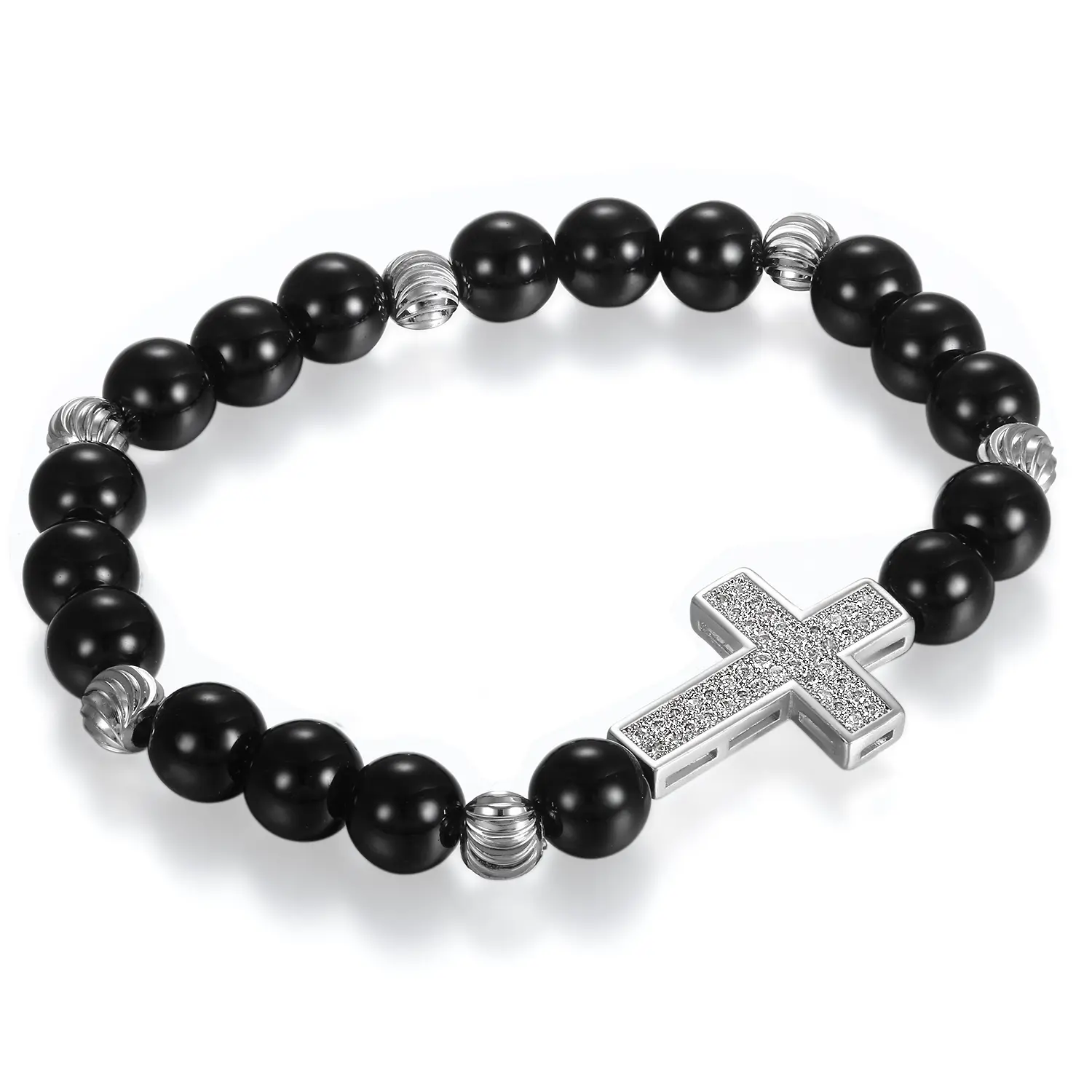 OIDEA Men's Beaded Bracelet with Stainless Steel Cross Center, 8mm Imitation Agate & CZ Stones, Elastic Stretch Bangle for Christian Faith Gifts, Artificial Crystal Bracelets & Bangles, Beadwork Cross Bracelets & Bangles