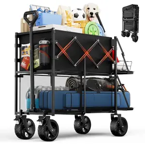 Double Decker Collapsible Wagon with Brakes, Folding Utility Cart with Big -Terrain Wheels, 2-Tier Wagon for Camping Gear, , Groceries, Shopping, Garden & Outdoor Use