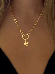 Women's Heart Initial Pendant Necklace, Stainless Steel Paper Clip Chain, Elegant Fashion Jewelry for All Seasons, New Arrival, Heart Shaped Pendant