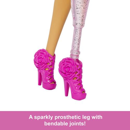 Mattel - Barbie Deluxe Style with Black Hair and Glittery Prosthetic Leg, Pink Top and Skirt Set with Rose Detail and Accessories  [Collectible Figurine/Statue/Bust] Paper Doll