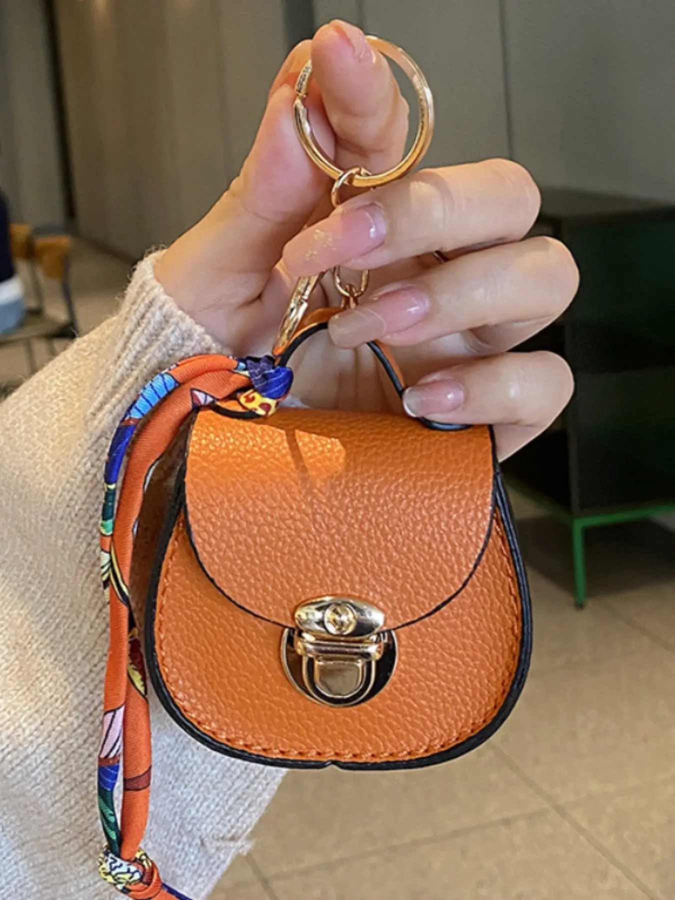 Mini Saddle Bag Coin Purse Leather Keychain Wallet Cute Bag Charm with Scarf Pendant Earphone Pouch