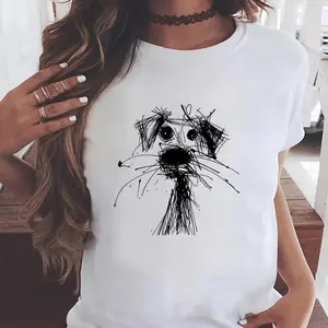 Women's Short-Sleeve Round Neck Funny Scribble Dog Graphic T-Shirt, Lady's Simple Style Cute Dog Lover Top, Minimalist Puppy Line Art Casual Versatile Piece