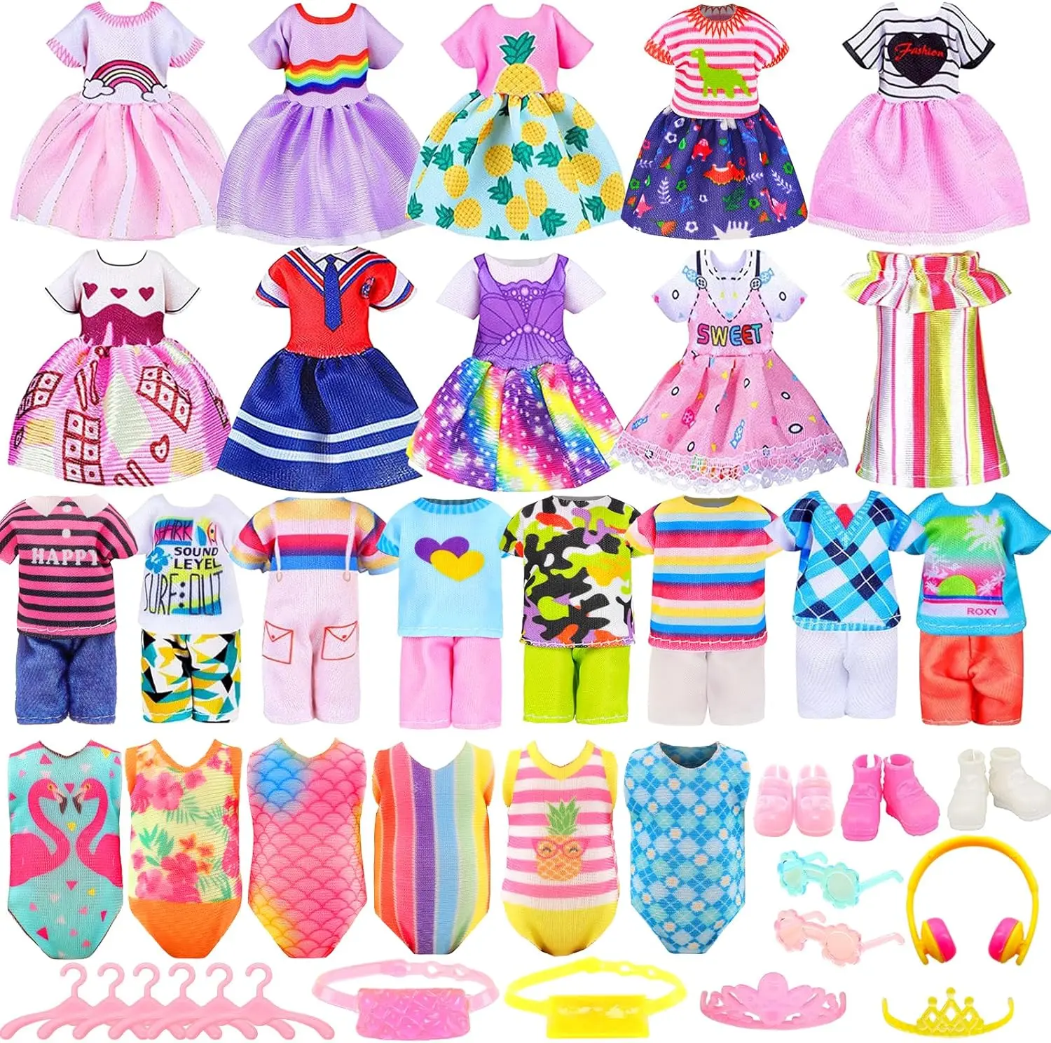 30 PCS Mini Doll Clothes & Accessories for 5.3–6 Inch Dolls, Boy & Girl Doll Outfits, Dresses, Tops, Pants, Swimsuits & Shoes