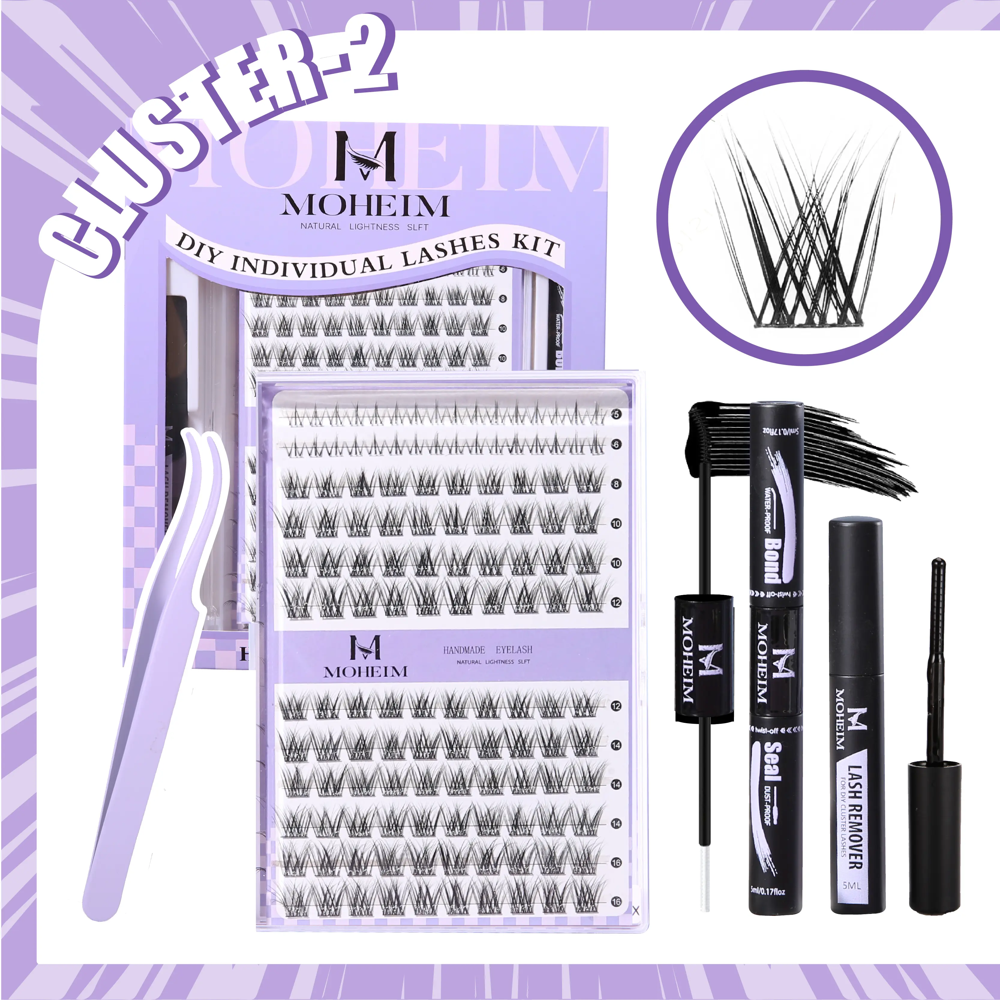 MOHEIM DIY Lash Extension Kit: Soft& Natural Cluster Eyelashes with Bond, Seal, Tweezers & Remover Makeup Salon Cosmetic Extensions Eyelash Extensions