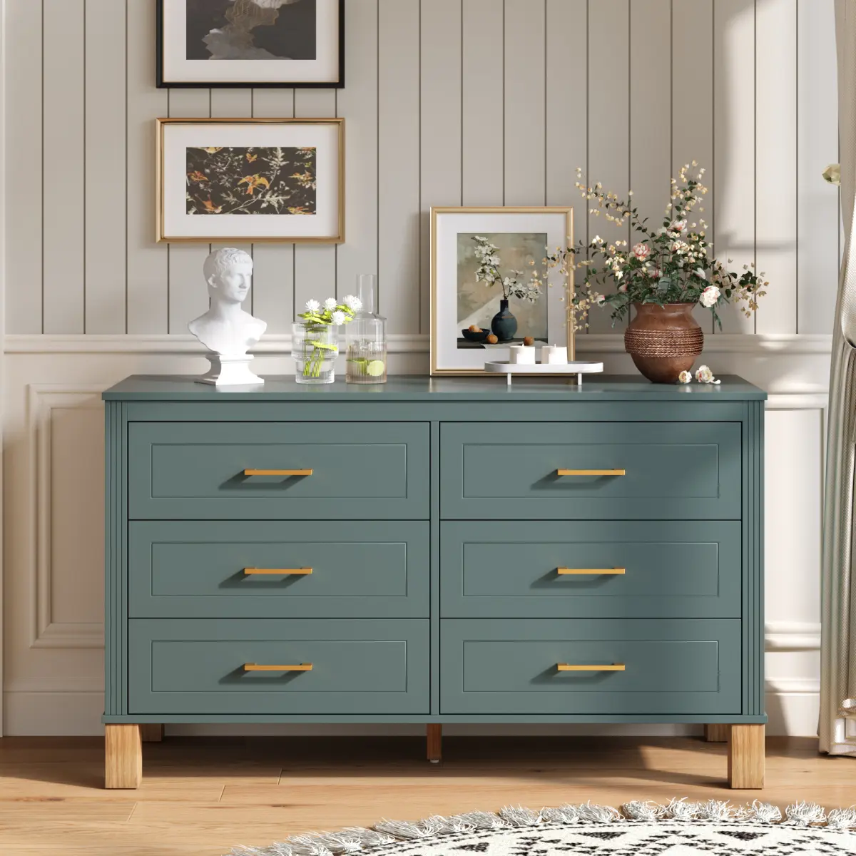 6-Drawer Mid-Century Green Double Dresser, Heavy-Duty Wooden Storage ...