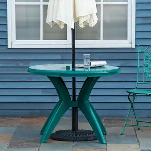 36.25" Dia Round Plastic Patio Table with Umbrella Hole – Outdoor Bistro Dining Table with Fastening Ring Slot, 88 lbs Capacity, for Bar, Garden, Backyard, Poolside, Yard, Green