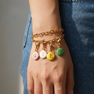 18K Gold Plated Colorful Enamel Initial Letter Charms, Lobster Clasp Pendant, Only DIY Accessories (No Chain/Bracelet Included) cuban link