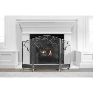 Barton 53" x 36" Fireplace Screen 3 Panel Spark Guard w/ Tree Branches, Black