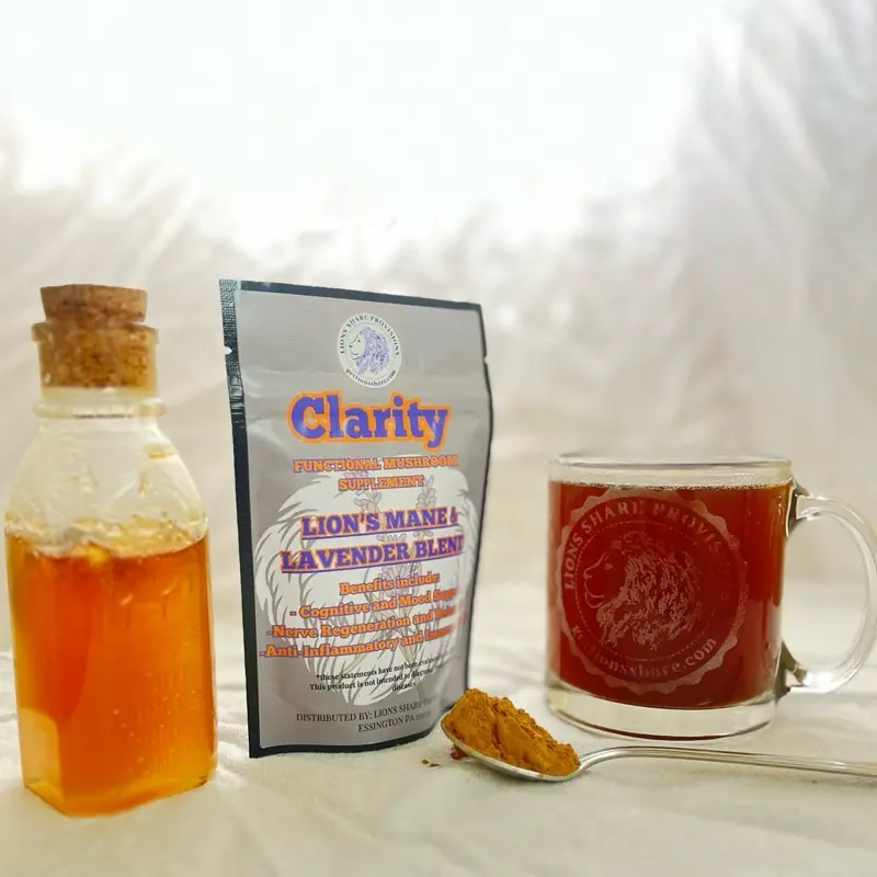 Lions Share Provisions’ Clarity. A dynamic blend of Lion’s Mane mushroom and Lavender extract powders. Gluten Free Organic Brain Health Gut Health Supplement