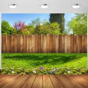 Backyard Garden Background Banner, Wood Fence, Trees, Grass, Party Decoration, Polyester, Indoor Outdoor Use