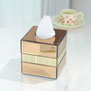 Modern Square Tissue Box Holder,  Mirrored Glass Tissue Box Cover，Champagne Gold & Gold Color Block Design, Magnetic Bottom Tissue Cover for Vanity Countertop LivingRoom Office