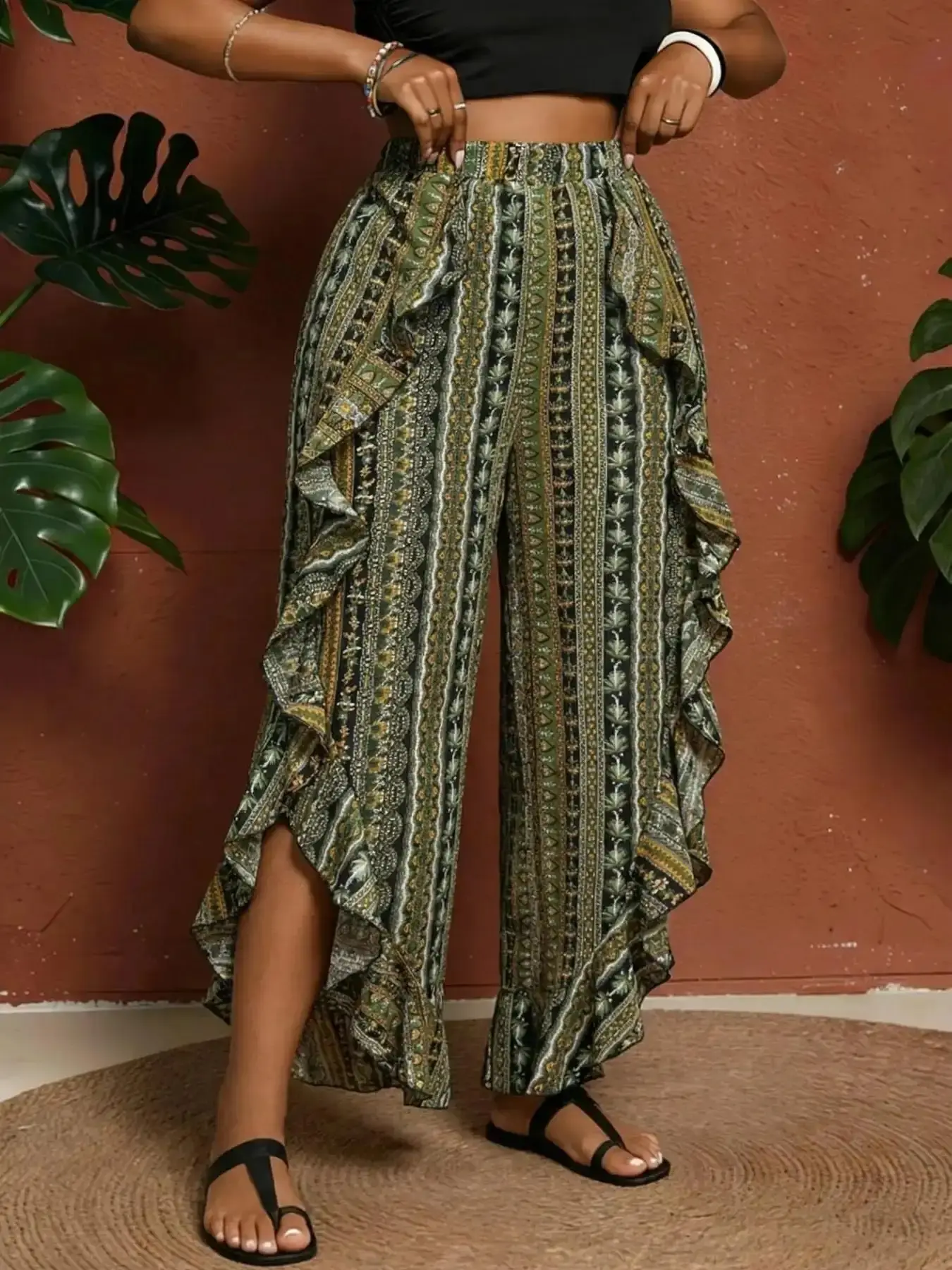 Plus Size Ethnic Pattern Ruffle Trim Split Hem Pants, Boho Elastic Waist Trousers for Daily Holiday Vacation Summer Wear, curve friendly inclusive fit flattering silhouette feminine charm