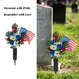 Memorial Day Flowers for Cemetery - 2 Pcs Artificial Patriotic Cemetery Flowers with Red White Blue Roses & American Flags Vase for Veterans, Memorial Day Decorations,Fake Flowers for Outdoor Ornaments