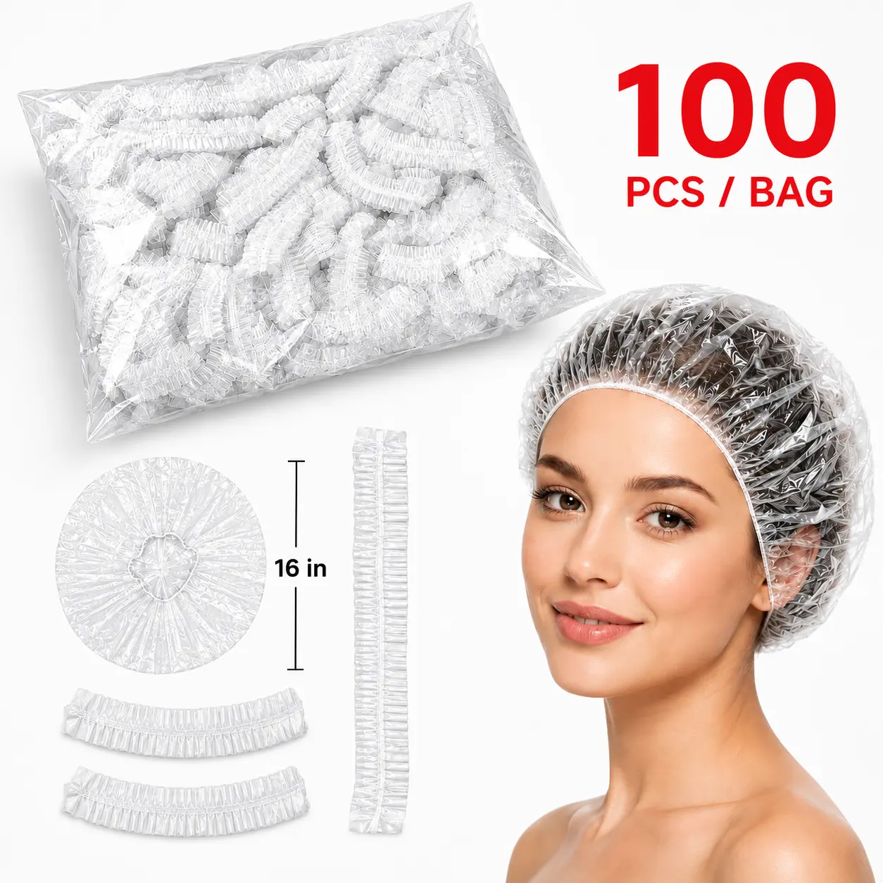 100 PCS Disposable Thick Waterproof Plastic Shower Caps - Adult Hair Covers, Salon Protectors, BeautyTok Essential for Bathing, Hair Dye, Home & Travel Party Supplies