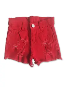 Red Print Girls Short Denim