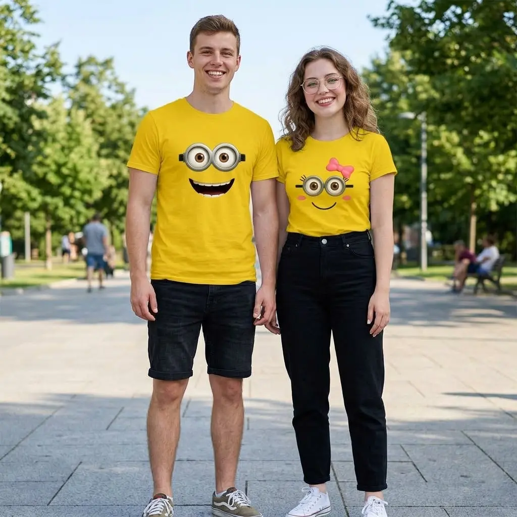[FREESHIP] Minions Faces Couple T-Shirts, Couple T-Shirts, Funny Couples Shirts, Y2K Streetwear T-Shirt, Vintage Hip-Hop Sports Graphic, Casual Cotton Fit, Soft Comfortable Short Sleeve, Teen & Adult
