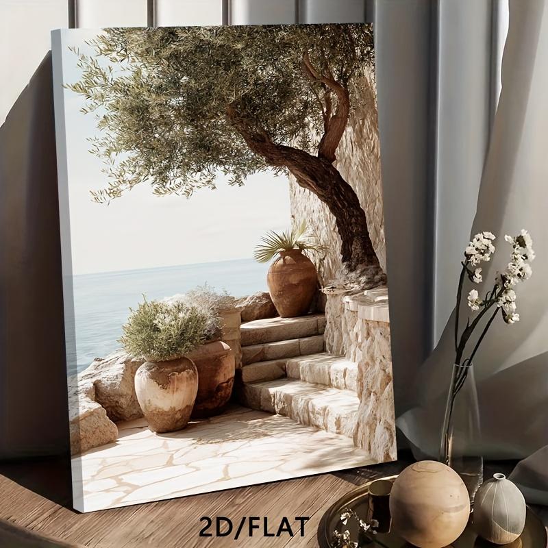 2D Flat Olive Tree Stone Steps Terracotta Pot Mediterranean Wall Art Print, Canvas Wrapped, Hook Type, Rustic Art Deco, Ideal for Living Room, Bedroom, Office, Dining Room, Coffee Shop, Holiday Gift, Outdoor Indoor, Modern Style, Solid Pattern