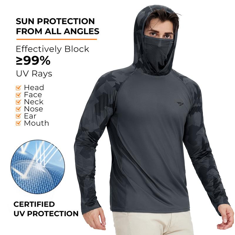 RODEEL 915 Sun Hoodie Shirts with Mask Neck Gaiter Men UPF 50+ UV Protection Raglan Long Sleeve Lightweight Quick Dry Moisture Wicking Breathable Cooling Athletic Activewear for Outdoor Hiking Fishing Boating Biking Sport Construction Roofing Landscaping