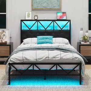 Full Size Bed Frame with LED Lights & Charging Station Black Upholstered Headboard Storage Shelves Underbed Space No Spring Mattress Needed Silent Design Easy Assembly gira  tree  vanity