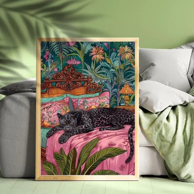 (No Frame) Black Panther on a Bed - Vintage Black Puma Print - Pink Maximalist Print - Dark Boho Wall Art - Maximalist Panther Print Decor Poster