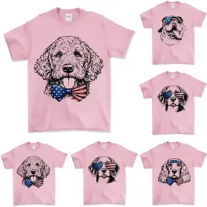 Puppy Love Dog T- Shirt showcasing 50 dog breeds in 4th of July Graphic,  Light Pink, Cute Puppy Independence Day Shirt for Dog Lovers, printed on a cozy Gildan unisex T Shirt for pet lovers