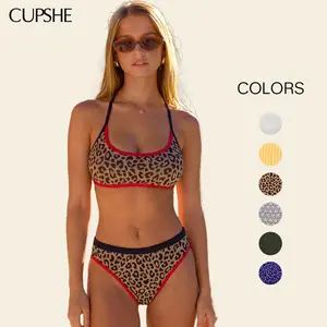 CUPSHE Coastal Ribbing Bandeau & High Rise Bottoms Bikini Sets Trendy Adjustable Beachwear Straight Neckline High Rise Waist Straps Contrast Swimwear Swimsuit Women Season Summer 2026 Bathing suit #tiktokshopmemorialday
