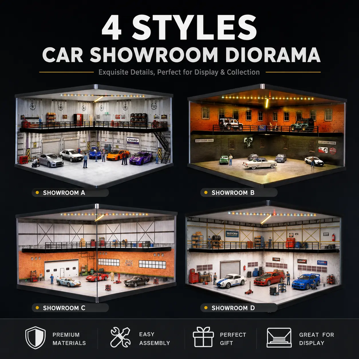Diorama 1:64 Two-Story Garage Showroom Miniature Scene Model Parking Lot Multi-Color LED Lighting Graffiti Repair Shop for Diecast Car Collection Model Car Showroom Display Case Display Box Gift