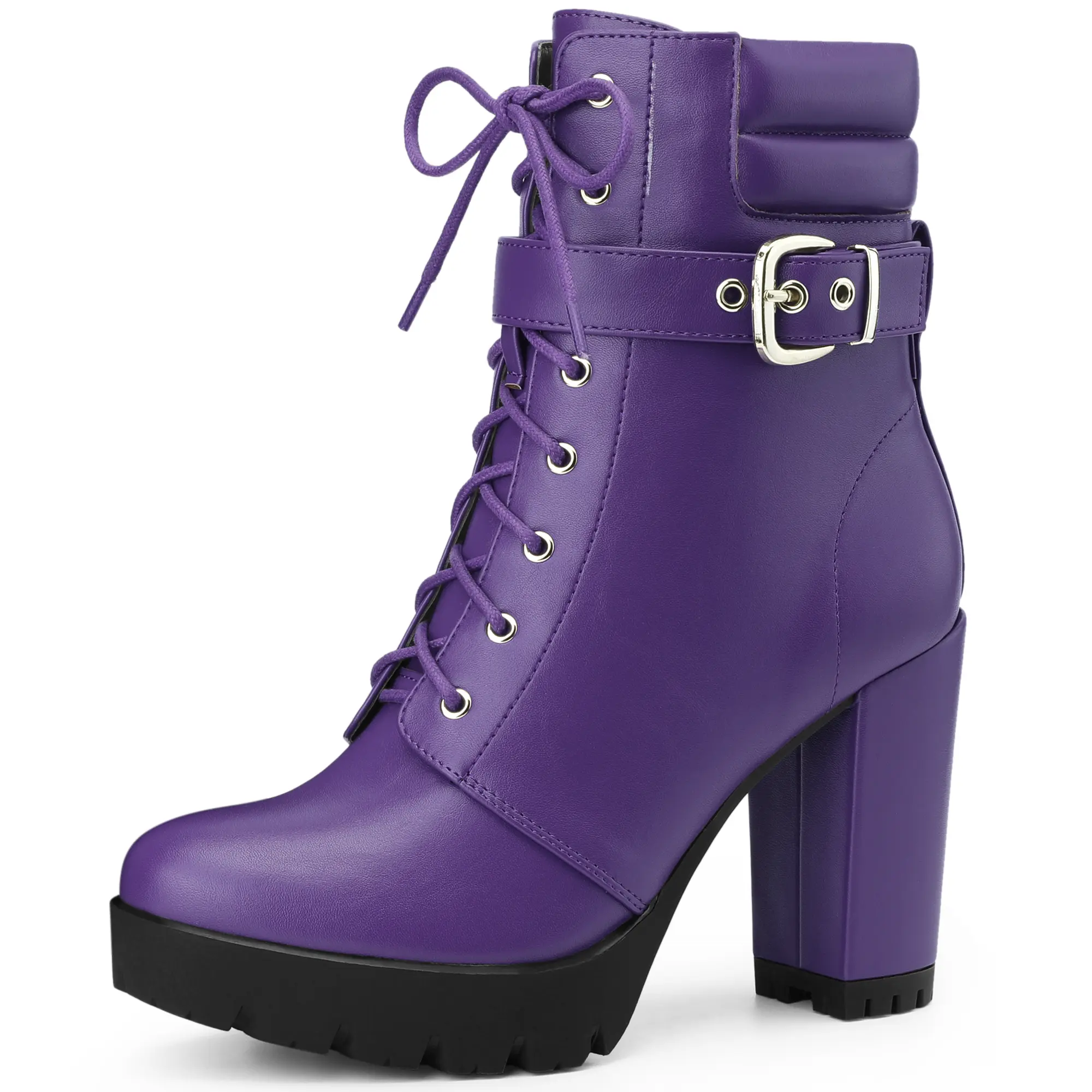 BLISSFUL STEP Women's Platform Lace Up Chunky Heel Buckle Ankle Combat Boots