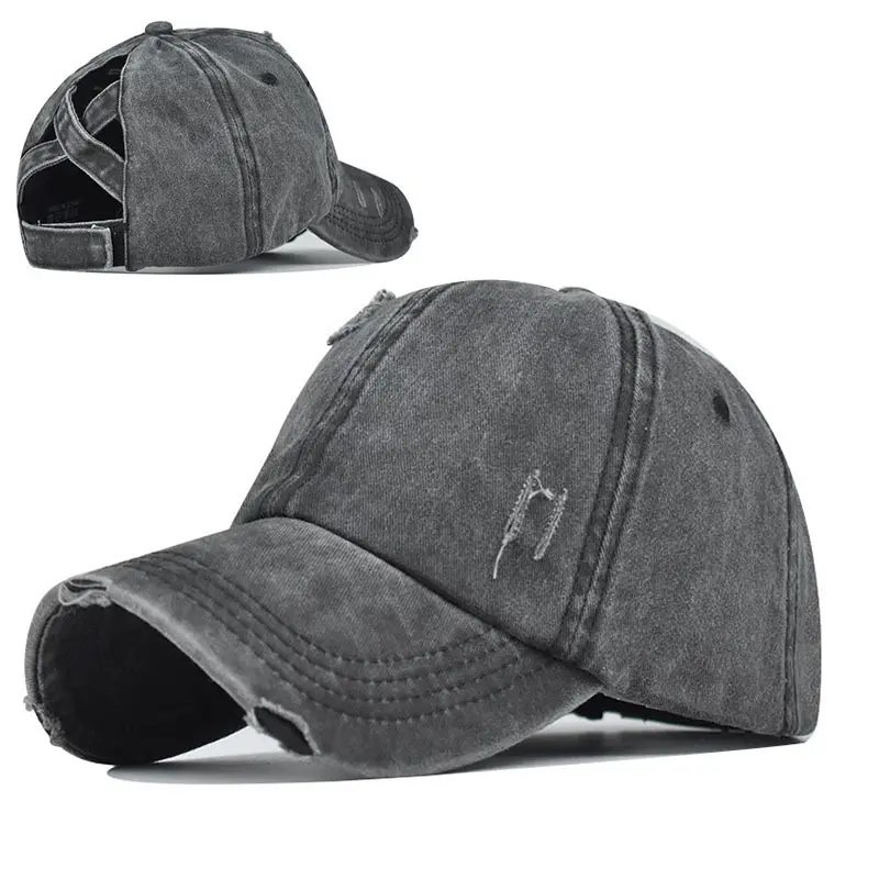 Women's Distressed Baseball Cap with Criss Cross Ponytail Hole for High Buns - Vintage Washed Sporty Chic Trucker Hat, High Bun