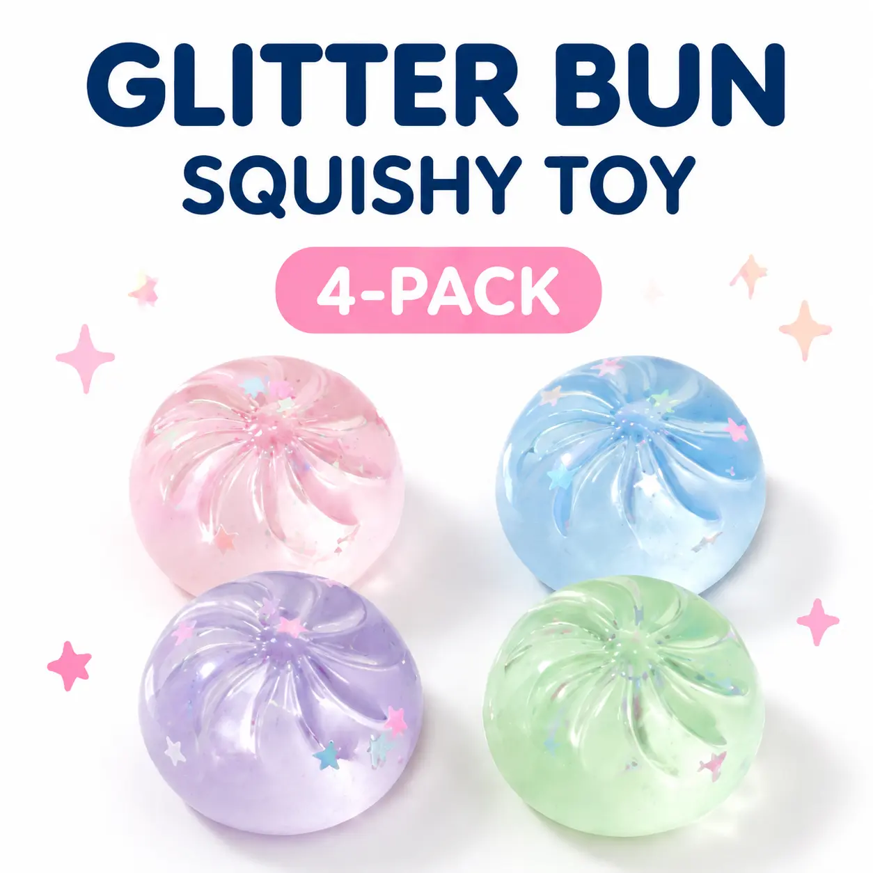 Mini Glitter Squishy Toy 4 Pack, Kawaii Star Jelly Stress Ball, Tiny Fidget Toy for Kids & Adults, Cute Desk Gift