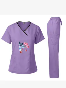 Unisex Butterfly & Floral Graphic Scrub Set, Fashionable 2-Piece Medical Uniform (V-Neck Top & Pants) for Nurses, Doctors, and Veterinarians, Light Purple