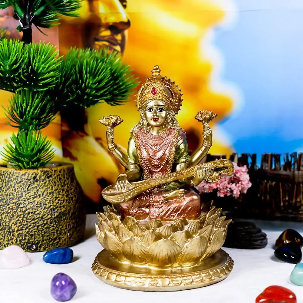 alikiki Hindu Goddess Saraswati Statue - 4.4" H Indian God Saraswati Idol Sculpture Diwali Gifts for Indian Home Temple Mandir Pooja Items Car Dashboard Decor