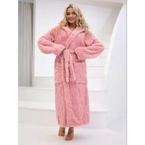 Women’s coral wool bathrobe, hooded long-sleeve pajamas, warm and thick padded robe with drawstring and double pockets GARMENTARY