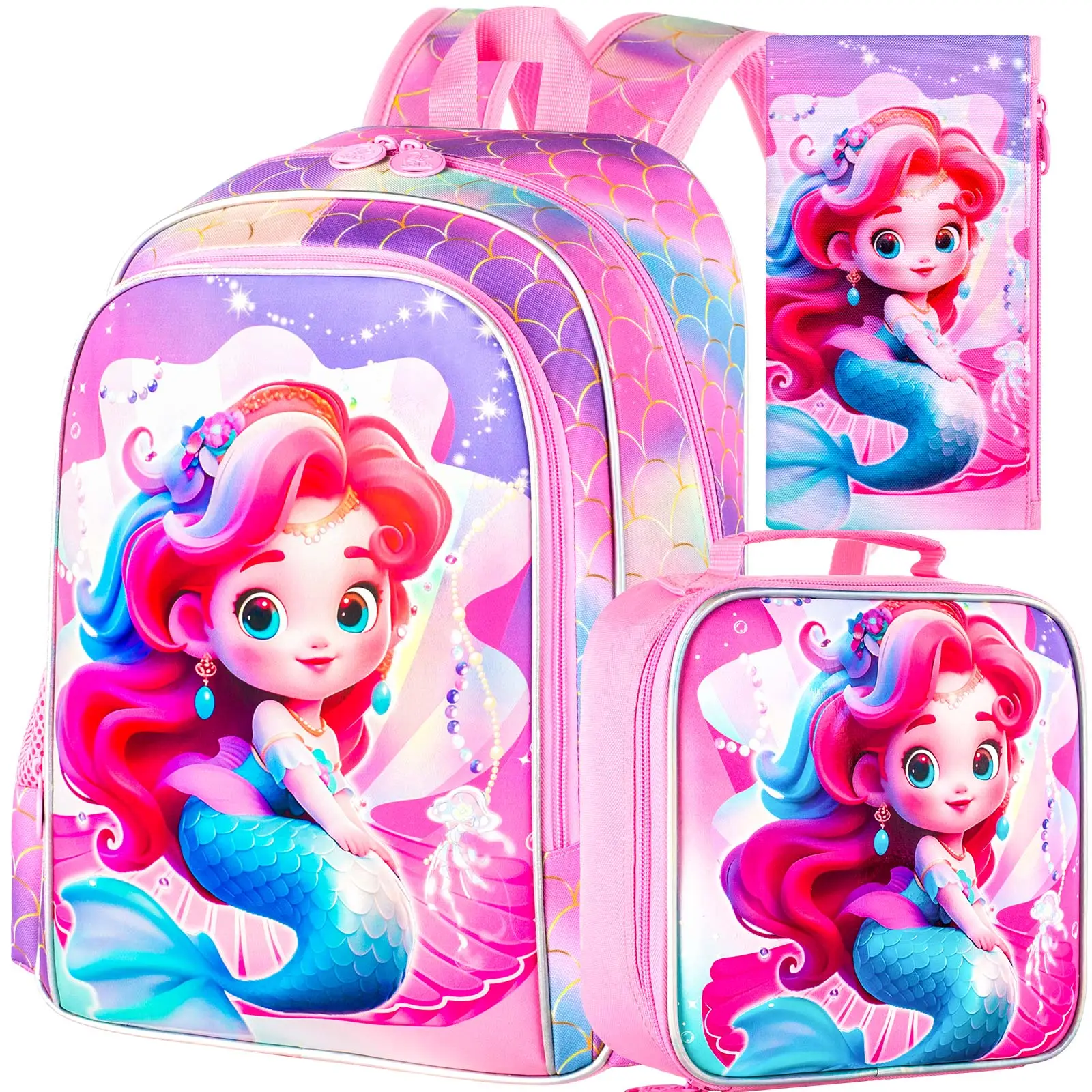 GXTVO 3Pcs Mermaid Backpack for Girls, 16" Kids Bookbag with Lunch Box?School Backpacks for Elementary Preschool Kindergarten (Pink)
