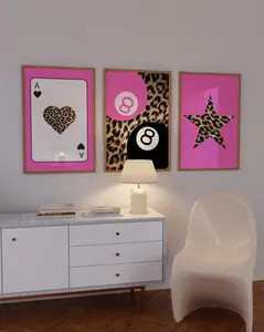 Trendy Cheetah & Pink Wall Art Set of 3 Poster – Ace Heart, 8 Ball Quote, Star